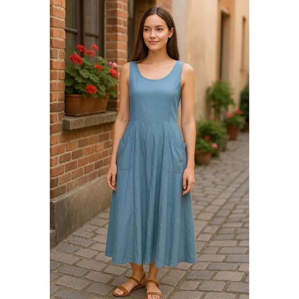 Vintage Laura Ashley Chambray Maxi Dress Blue Size 6 (UK 10 / EU 36)